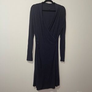 Ann Taylor Navy Blue Jersey Knit Long Sleeve Faux Wrap wool blend Dress Size 14